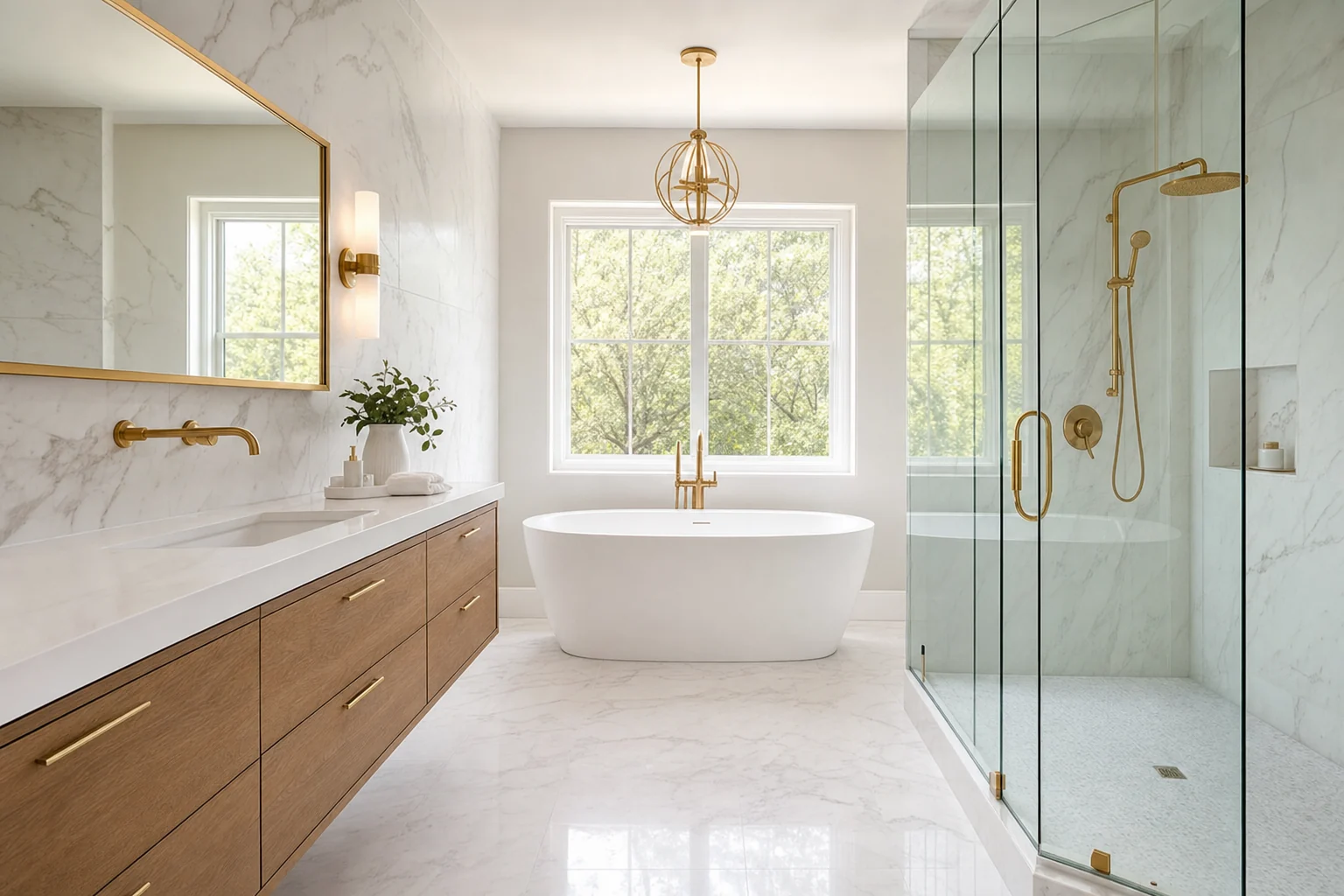 Bright modern marble bathroom remodel, design concept