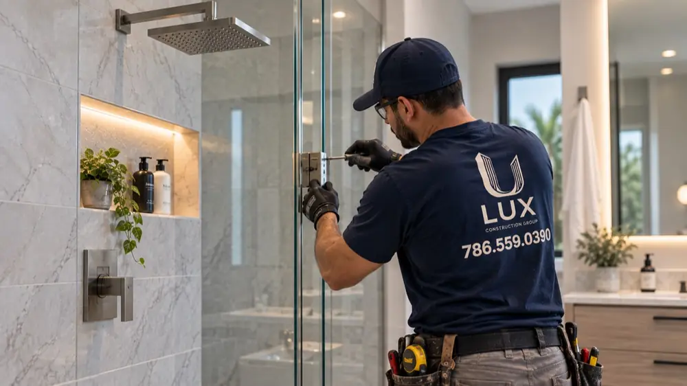Lux installer fitting a glass shower door