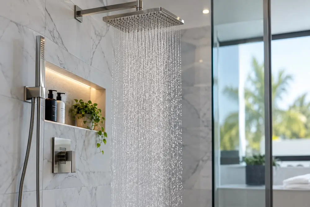 Marble walk-in shower with rain head by Lux